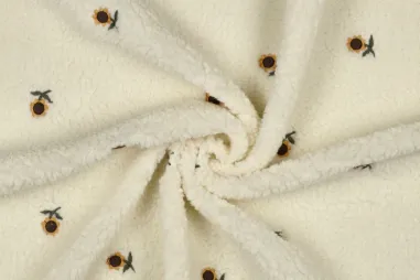 Jas stoffen - Teddy stof - embroidery - zonnebloemen - ecru - 4747-001