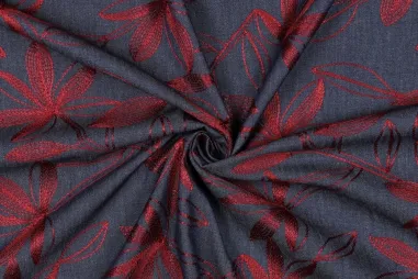 Bordeauxrode stoffen - Embroidery stof - denim - bloemen - bordeaux - 4761-002