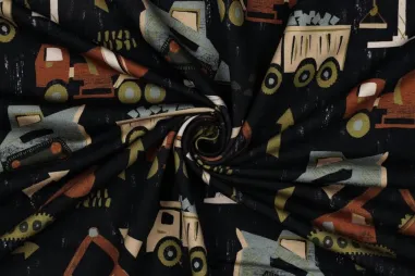 Donkerblauwe stoffen - Sweattricot - digitaal constructie voertuigen - donkerblauw - 6973-001