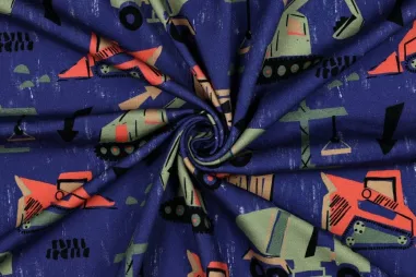Zachte stoffen - Sweattricot - digitaal constructie voertuigen - kobalt - 6973-008
