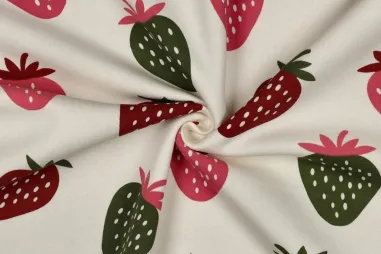 Zachte stoffen - Joggingstof - aardbeien - ecru - 7184-119