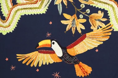 Donkerblauwe stoffen - Viscose stof - digitaal toekan tropics - donkerblauw - 22546-600