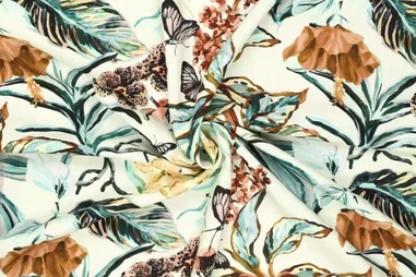 Blumenmotiv - Viscose stof - linnenmix - digitaal vlinders, bloemen en bladeren - gebroken wit - 22507-020