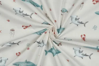 Babydeken stoffen - Katoen stof - poplin - digitaal sealife - gebroken wit - 6949-002