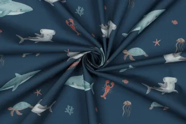 katoenen stoffen met print - Katoen stof - poplin - digitaal sealife - petrol - 6949-006