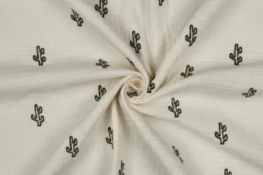 Mousseline stoffen - Embroidery stof - hydrofiel - cactussen - naturel - 4531-062