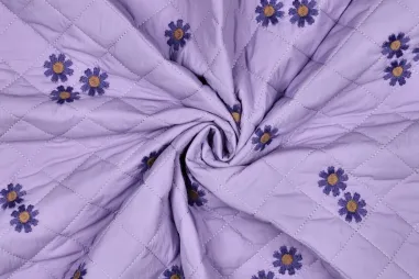 Gestepte voering stoffen - Doorgestikte stof - embroidery bloemetjes - lila - 4565-001