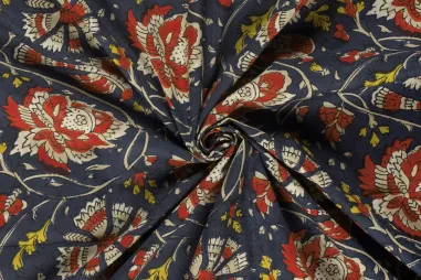 Schal - Katoen stof - batik - voile - fantasie bloemen - staalblauw - 23374-006