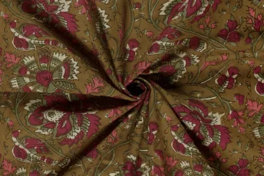 katoenen stoffen met print - Katoen stof - batik - voile - fantasie bloemen - olijf - 23375-026