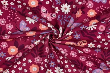 By Poppy - Tricot stof - French Terry - bloemetjes & vlinders - fuchsia - 5720-006