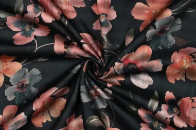 Katoen stof - satijn - bladeren - petrol - 4022-002 - Katoen stof - satijn - digitaal bloemen - donker petrol - 7009-005