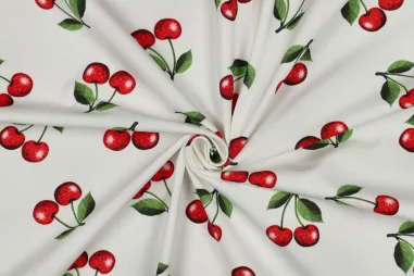 Fruit stoffen - Tricot stof - digitaal kersen - gebroken wit - 7115-002