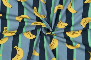 Gestreepte stoffen - Tricot stof - strepen & bananen - petrol - 7148-015