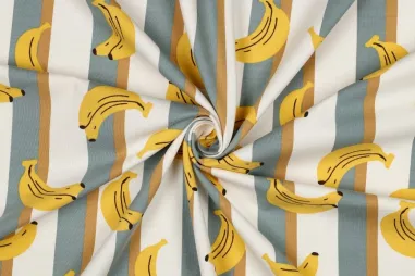 Fruit stoffen - Tricot stof - strepen & bananen - wit - 7148-016
