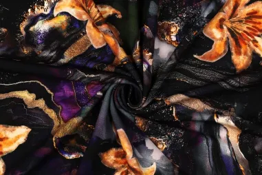 Polyester stof - linnenlook - zwart - 23229-069 - Tricot stof - punta di roma - digitaal bloemen - zwart - 6195-002