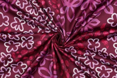 Verhees Textiles - Polyester stof - royal micro satijn - digitaal bloemetjes - bordeaux - 6650-006