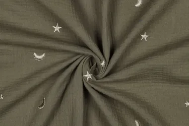 Kinderprint stoffen - Hydrofiel stof - geborduurd maan en sterren - mosgroen - 3300-062