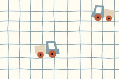 Geruite stoffen - Katoen stof - poplin - ruiten en vrachtwagens - gebroken wit - 21915-051