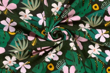 Tricot stoffen - Tricot stof - French Terry - digitaal bladeren & bloemetjes - donkergroen - 22407-028