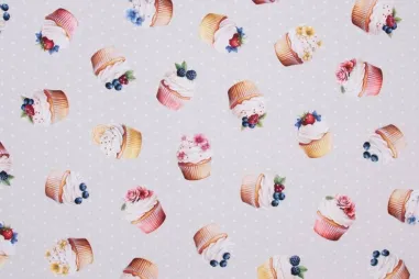 Nieuwe stoffen - Deco stof - half panama - digitaal cupcakes - naturel - DC5254-002