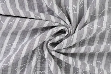 Schwarze Stoffe - Polyester stof - linnenlook - strepen & bloemen - zwart - Q11836-690