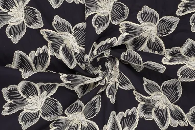 Geborduurde stoffen - Embroidery stof - katoen - bloemen - donkerblauw - 22684-600
