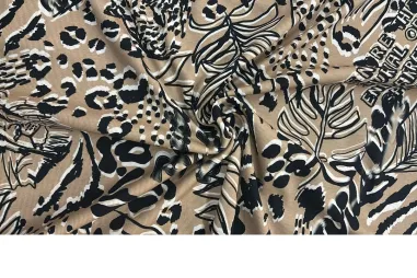 Polyesterstoff – Gobelin – Ornamente – beige – 3821-001 - Ribtricot - bladeren en dierenprint - beige - JT452