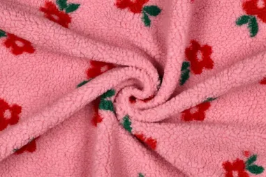 Tule stof - fuchsia - 4587-026 - Teddy stof - jacquard - bloemetjes - roze - 8034-001