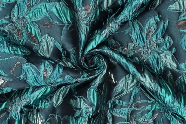 Polyester stoffen - Polyester stof - jacquard metaal - bloemen - petrol - 23189-670