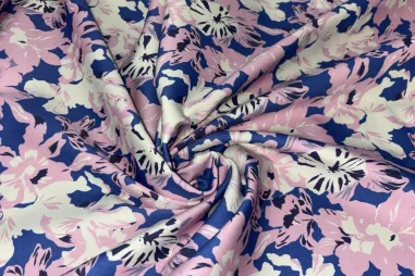 Uitverkoop - Stretch stof - bloemen - roze/blauw - JT129