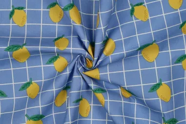 Fruit stoffen - Katoen met coating - citroenen & checks - blauw - 7050-009