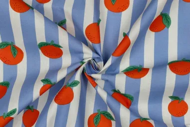 Badstof - dubbel gelust - blauw - 2900-103 - Katoen met coating - sinaasappels & strepen - blauw - 7050-019