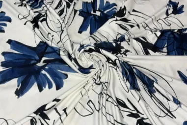 Jurk stoffen - Tricot stof - fantasie bloemen - ecru/blauw - JT139