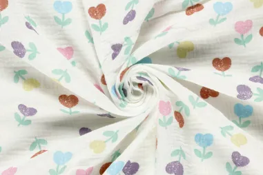Zomer stoffen - Mousseline stof - bloemen/hartjes - gebroken wit - 27/25356-051