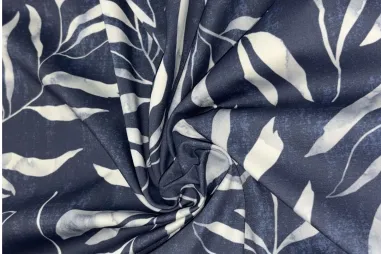 Tricot stof - French Terry - petrol - 0196-942 - Katoenen stof - bladeren - blauw - JT345