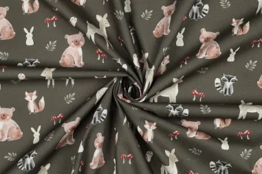 katoenen stoffen met print - Katoenen stof - poplin - digitaal bosdieren - legergroen - 2071-008