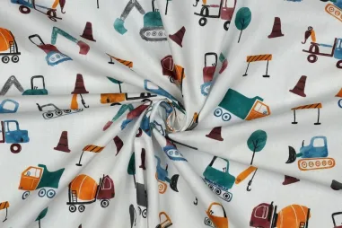 katoenen stoffen met print - Katoenen stof - poplin - digitaal constructie voertuigen - wit - 2072-001