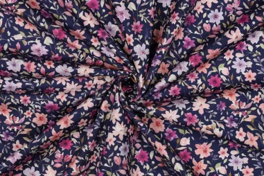 katoenen stoffen bloemen - Katoenen stof - poplin - digitaal bloemetjes - donkerblauw - 2073-003