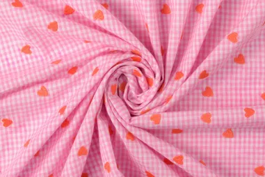 Hartjes stoffen - Embroidery stof - poplin katoen - ruiten & hartjes - roze - 60650-012