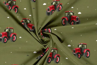 Olijfgroene stoffen - Tricot stof - digitaal tractoren - olijf - 26809-026