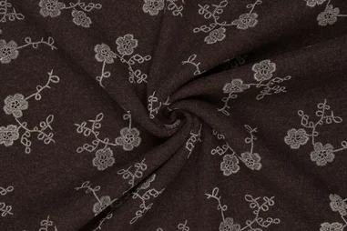 2027 - Embroidery stof - wool touch - bloemetjes - donkerbruin - 23079-100