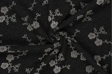 Bloemetjes stoffen - Polyester stof - wool touch - puff bloemetjes - zwart - 23079-997