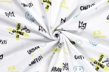Witte stoffen - Tricot stof - graffiti - wit - 23654-050