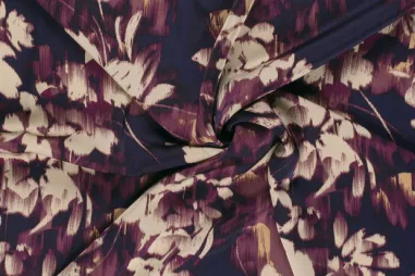 Satijn stoffen - Satijn stof - duchesse - bloemen - donkerblauw - 24074-008