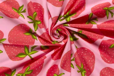 Oeko-Tex klasse 1 - Tricot stof - aardbeien - roze - 25729-013