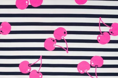 Quality - Tricot stof - French Terry - strepen & kersen - neon roze - K20142-170