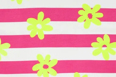2027 - Tricot stof - French Terry - strepen & bloemetjes - neon geel - K20143-170