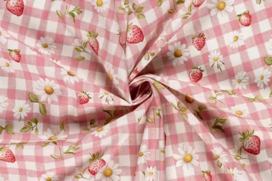 Katoen met coating - citroenen & checks - roze - 7050-001 - Katoenen stof - poplin - aardbeien, bloemetjes & checks - roze - 60499-012