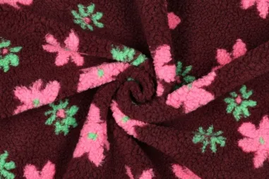 Bodywarmer stoffen - Teddy stof - jacquard - bloemen - bordeaux - 1954-001