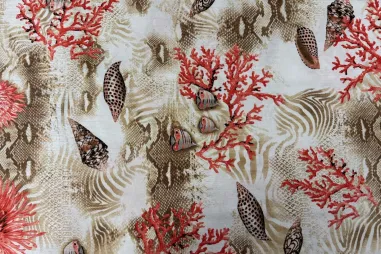 Koraalrode stoffen - Polyester stof - oceaan, schelpen en vissen - koraal - JT816
